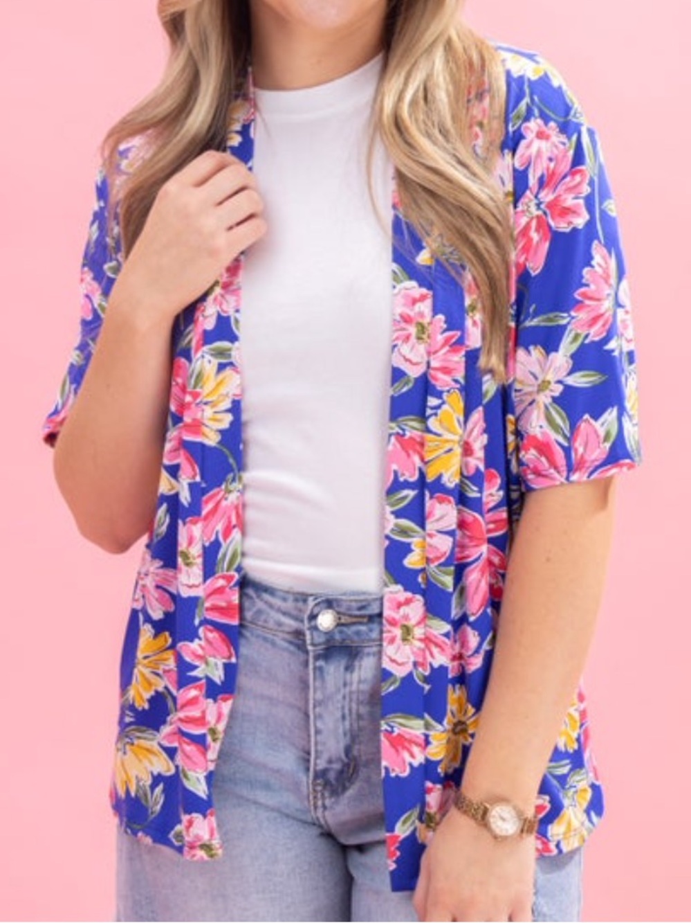 Blue Floral Short Sleeve Open Cardigan